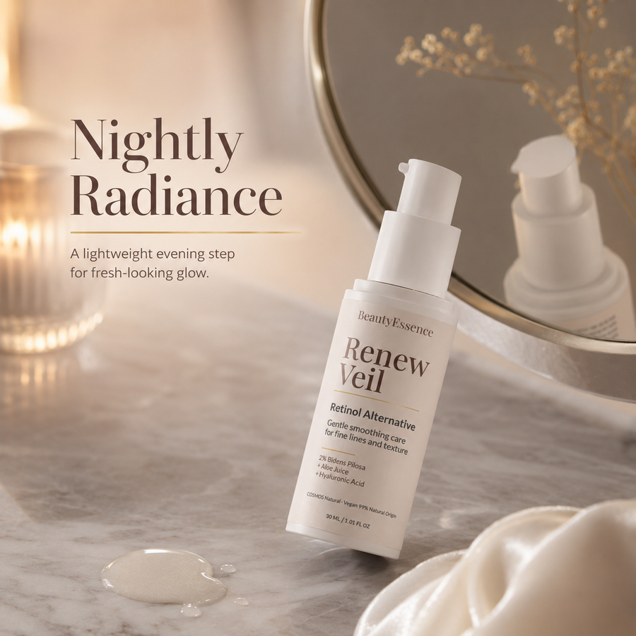 Renew Veil retinol alternative bottle in a premium night skincare routine for radiant skin