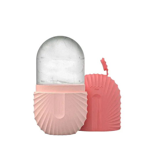 Pink ice face roller for skincare, reduces puffiness, calms redness and refreshes skin with reusable silicone design.