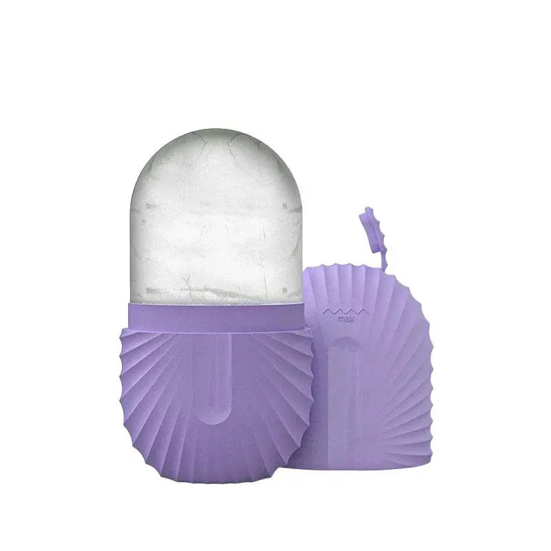 Purple facial ice roller massager, freezer-friendly skincare tool to calm irritation, hydrate skin and boost circulation.