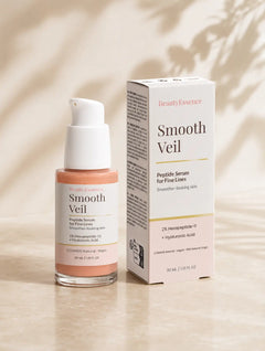 BeautyEssence Smooth Veil peptide serum bottle and back-of-box product information for fine lines skincare
