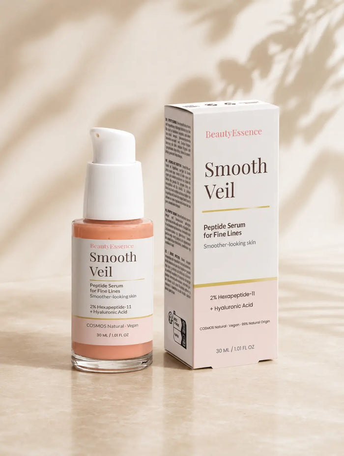 BeautyEssence Smooth Veil peptide serum bottle and back-of-box product information for fine lines skincare