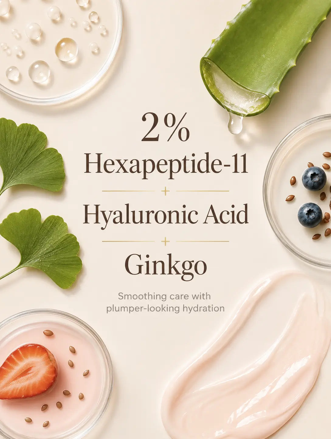 Peptide serum ingredient story with Hexapeptide-11, hyaluronic acid, ginkgo, aloe and seed oils