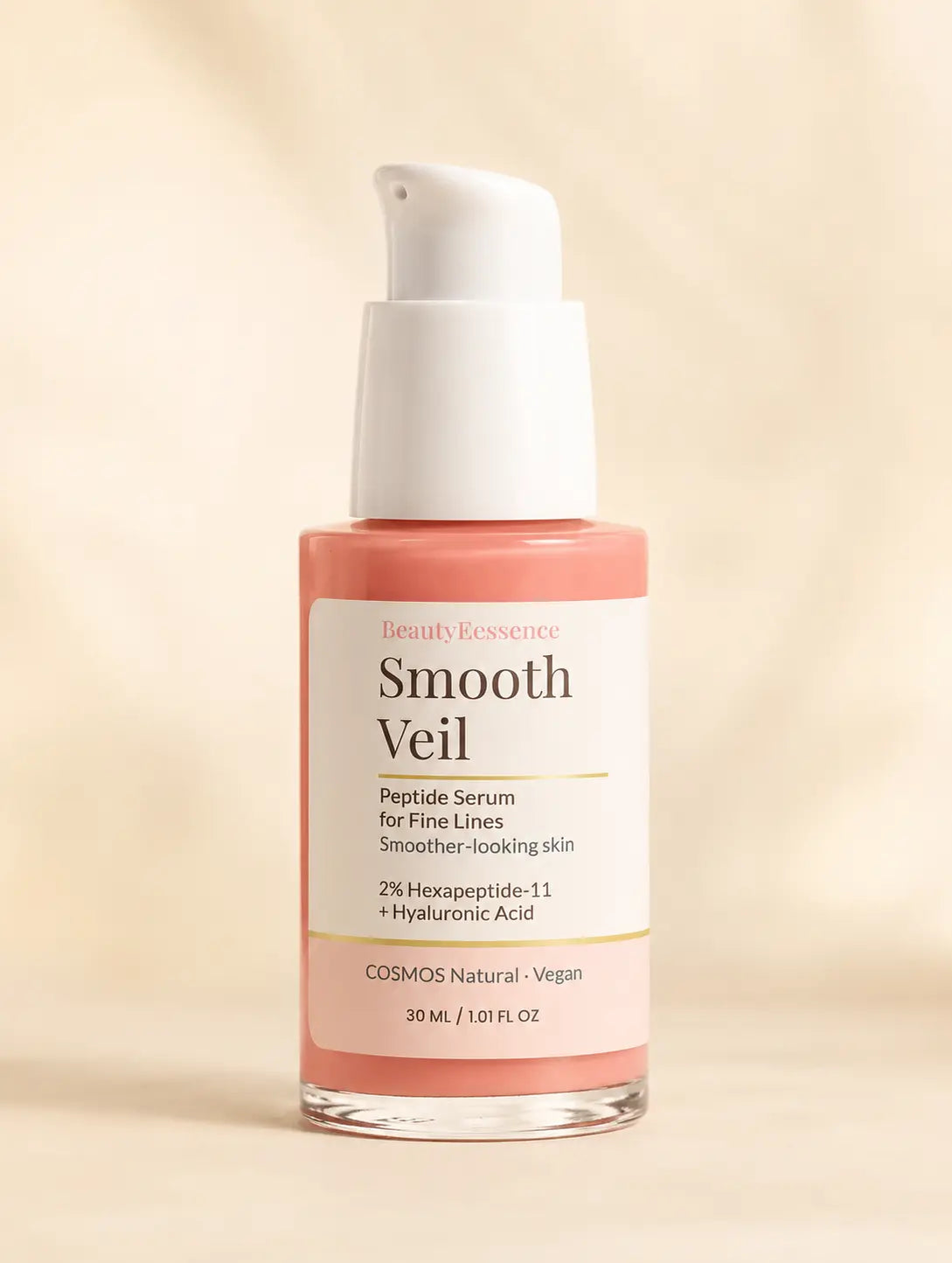 BeautyEssence Smooth Veil peptide serum for fine lines bottle and box on warm ivory background