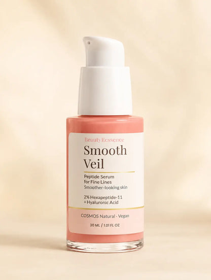 BeautyEssence Smooth Veil peptide serum for fine lines bottle and box on warm ivory background