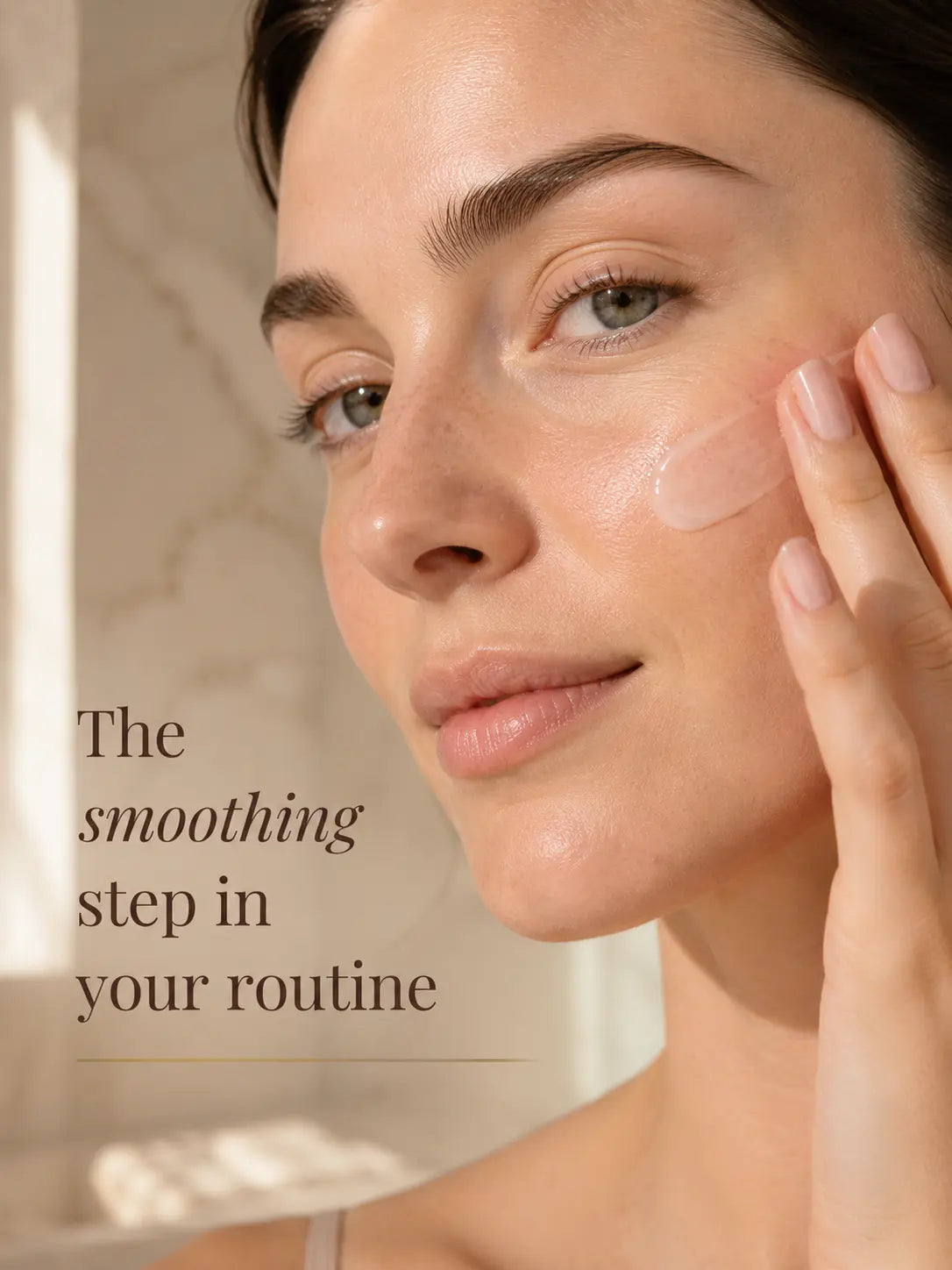 Model applying peptide serum for fine lines with natural skin texture and soft morning glow