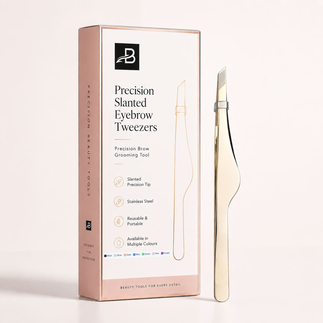 Precision slanted eyebrow tweezers with packaging on a white background