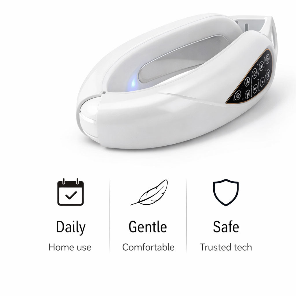 White electronic device with icons and text on a white background