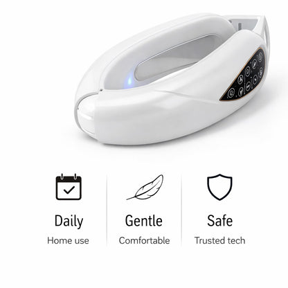 White electronic device with icons and text on a white background