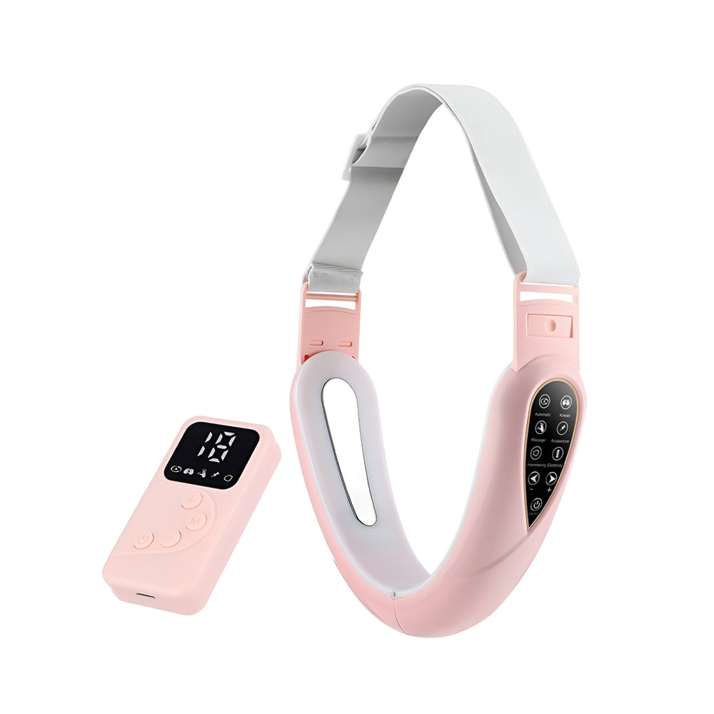 V shape face lifting device shown in pink, ideal for contouring and firming skin.