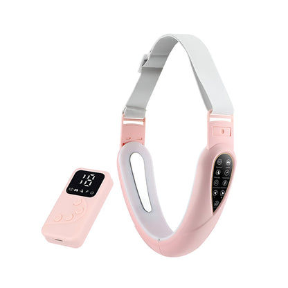 V shape face lifting device shown in pink, ideal for contouring and firming skin.