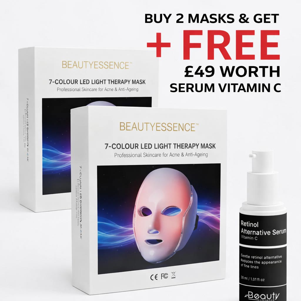 Beautyessence 7-Colour LED Light Therapy Mask packaging with a serum bottle and promotional text on a white background.