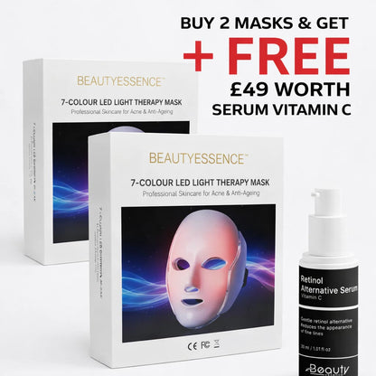 Beautyessence 7-Colour LED Light Therapy Mask packaging with a serum bottle and promotional text on a white background.