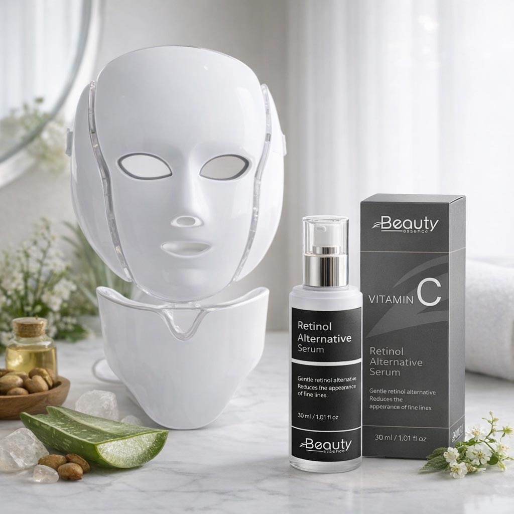 Beauty product set with LED face mask, serum bottle, and box on a marble surface.