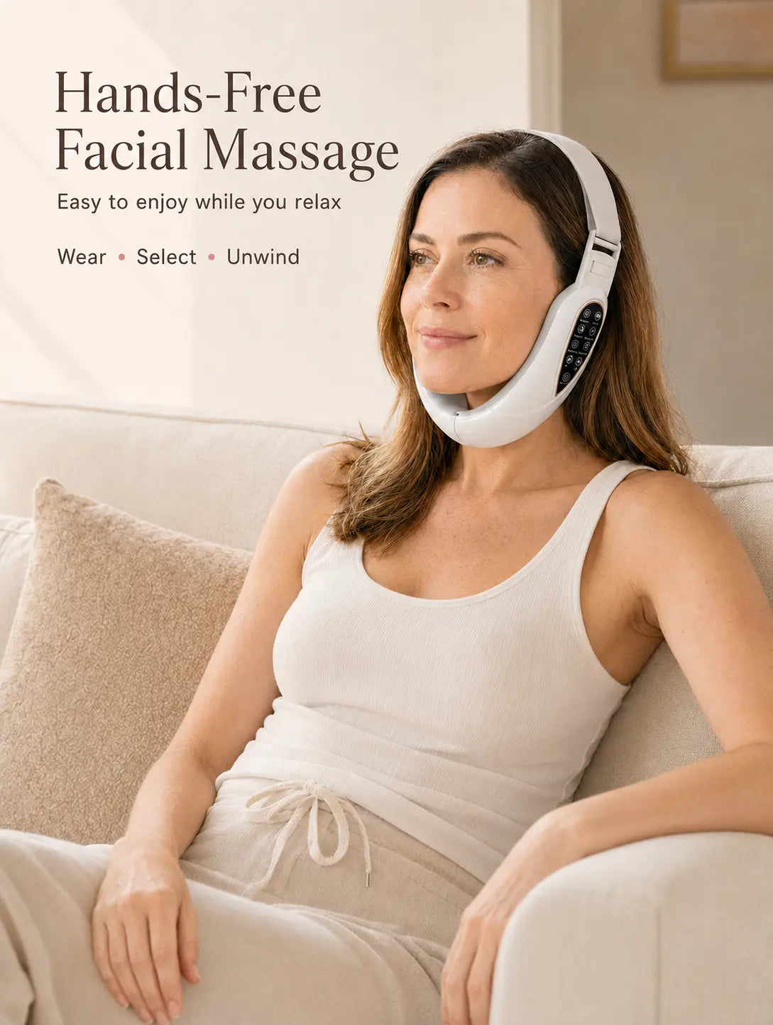 Contour Veil double chin massager worn hands-free while relaxing