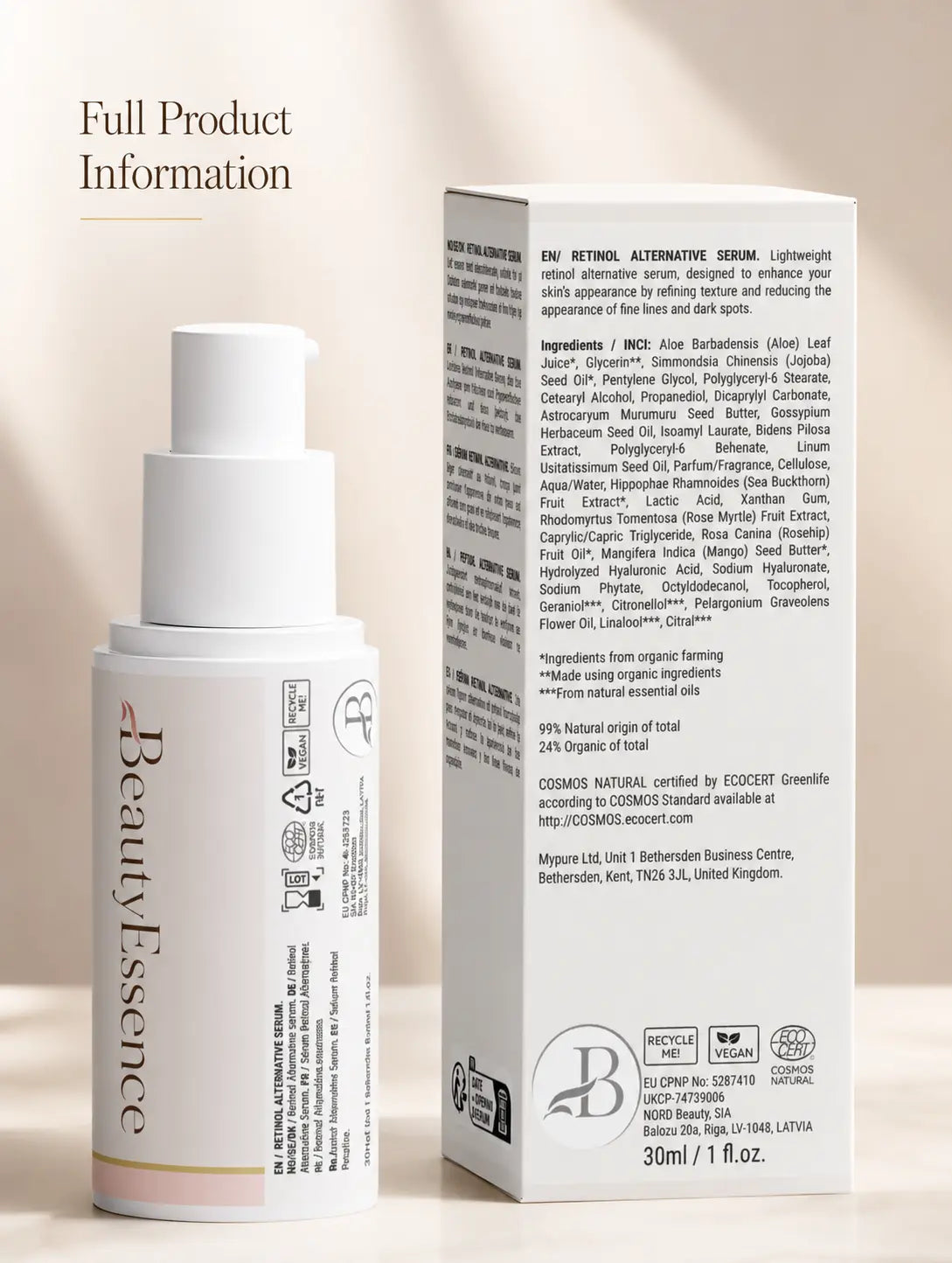Renew Veil retinol alternative packaging showing full product information and INCI ingredients