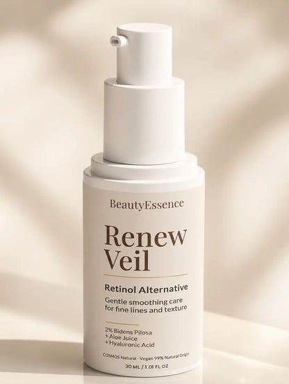 Renew Veil retinol alternative bottle in a premium BeautyEssence skincare studio setup