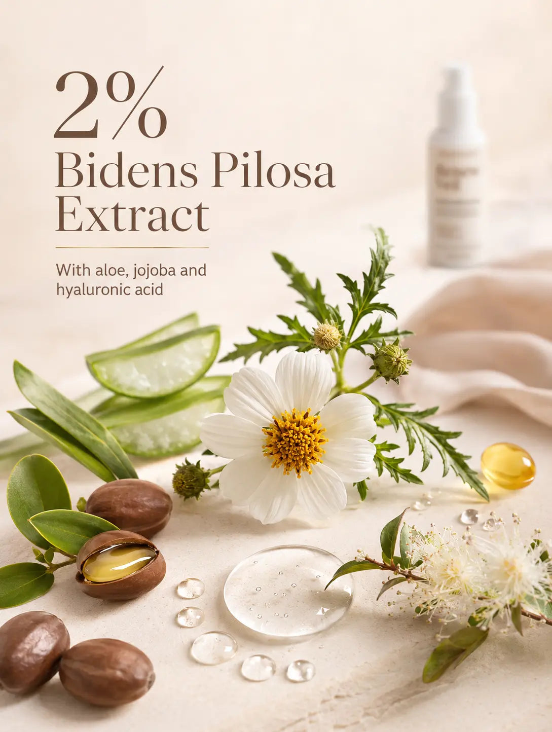 Retinol alternative ingredient story with 2% Bidens Pilosa, aloe, jojoba and hyaluronic acid