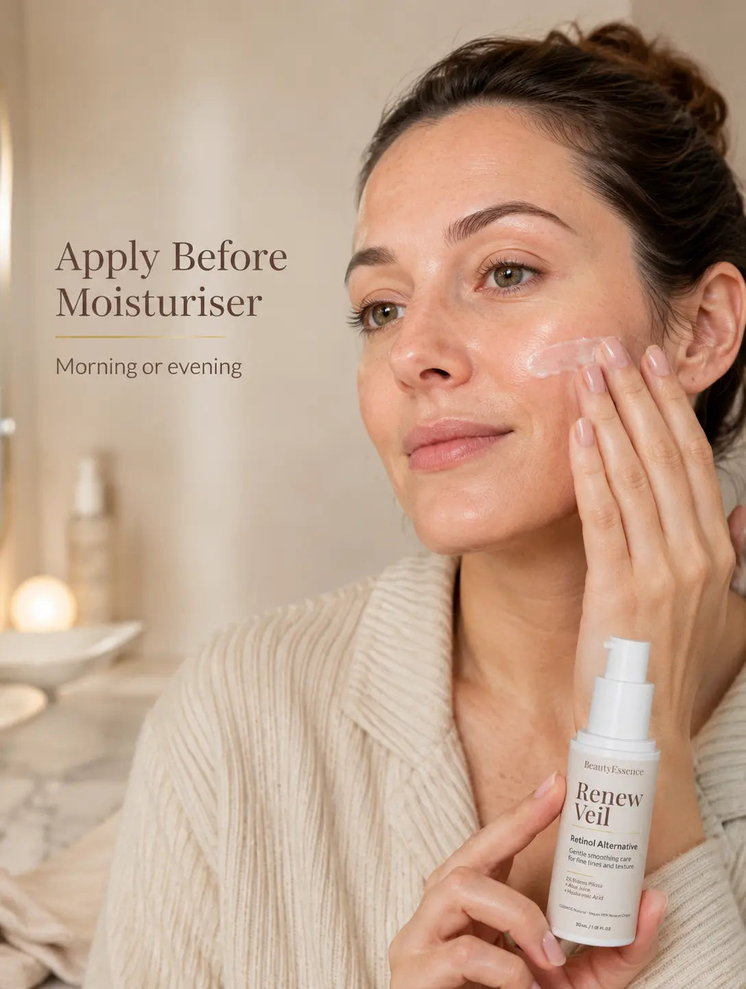 Model applying Renew Veil before moisturiser in a soft retinol alternative skincare routine