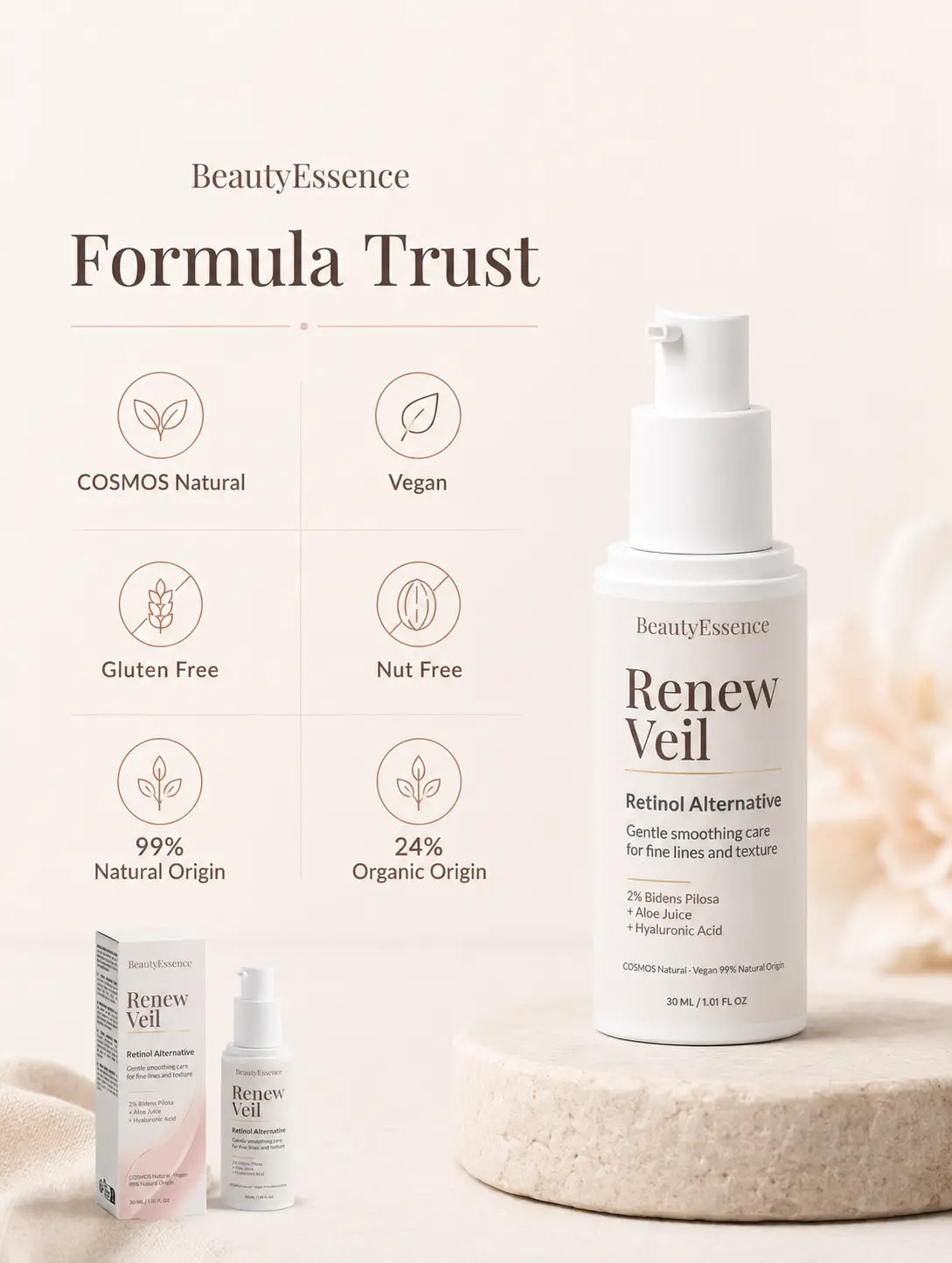 BeautyEssence Renew Veil formula trust image with COSMOS Natural and vegan skincare details
