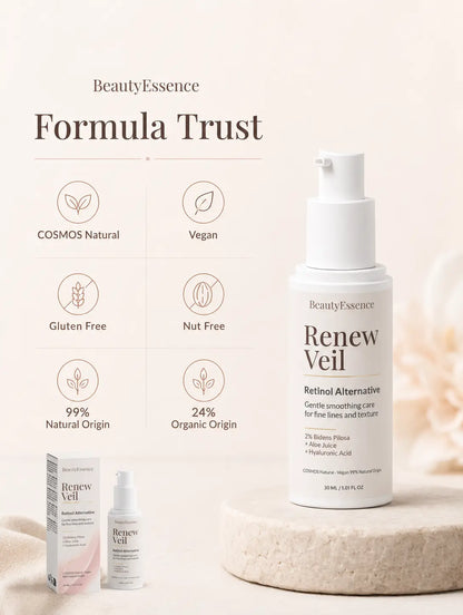 BeautyEssence Renew Veil formula trust image with COSMOS Natural and vegan skincare details