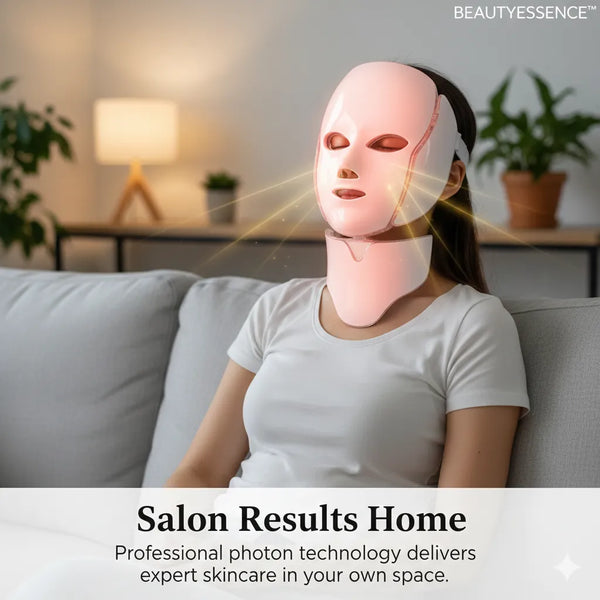Person using a home-based skincare device with text 'Salon Results Home' and 'Professional photon technology delivers expert skincare in your own space.'.