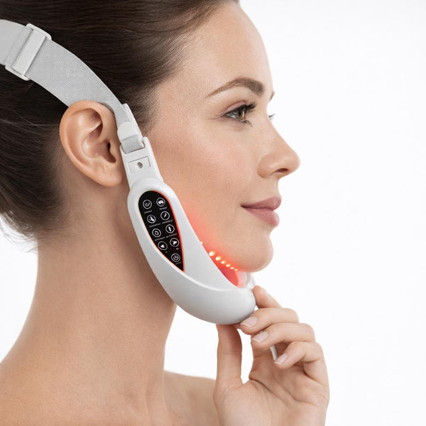 Woman using a facial massager device on her face with a white background