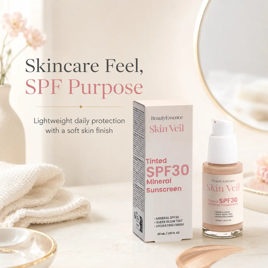BeautyEssence Skin Veil Tinted SPF30 mineral sunscreen packaging and bottle on a soft background