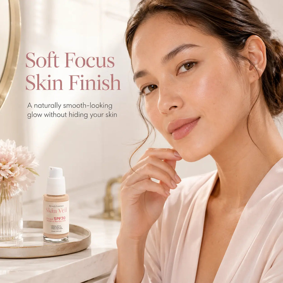 Woman applying skincare product with text about soft focus skin finish