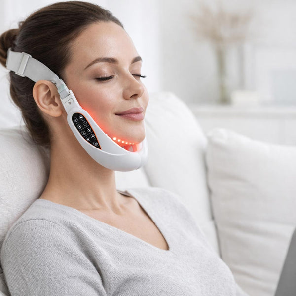 Woman using a neck and face massager on a white couch