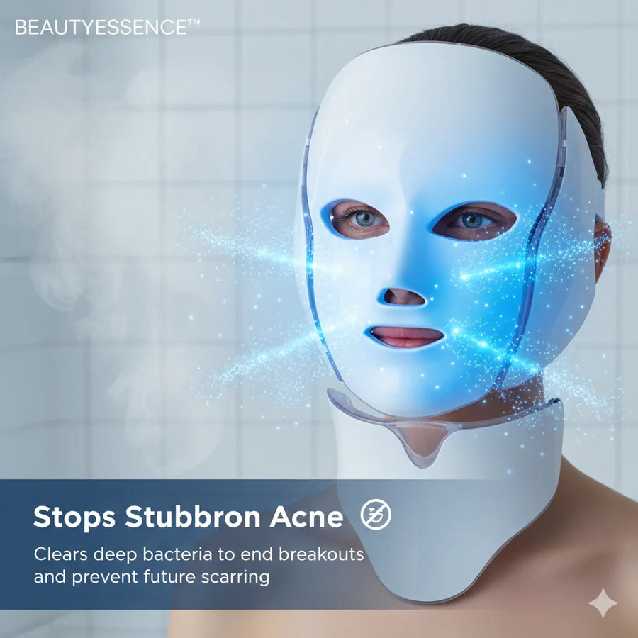 Person wearing a futuristic face mask with glowing blue lights, branded 'BEAUTYESSENCE'.