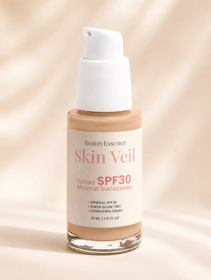 BeautyEssence Skin Veil mineral sunscreen tint​ SPF30 bottle on a beige background