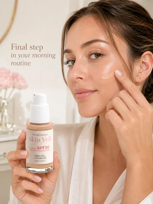 Woman applying mineral sunscreen tint​ product with a bottle labeled 'Skin Veil' in a bathroom setting.