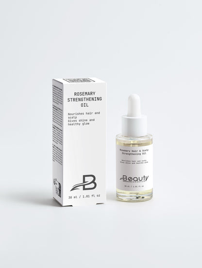 Rosemary strengthening oil bottle and packaging on a white background