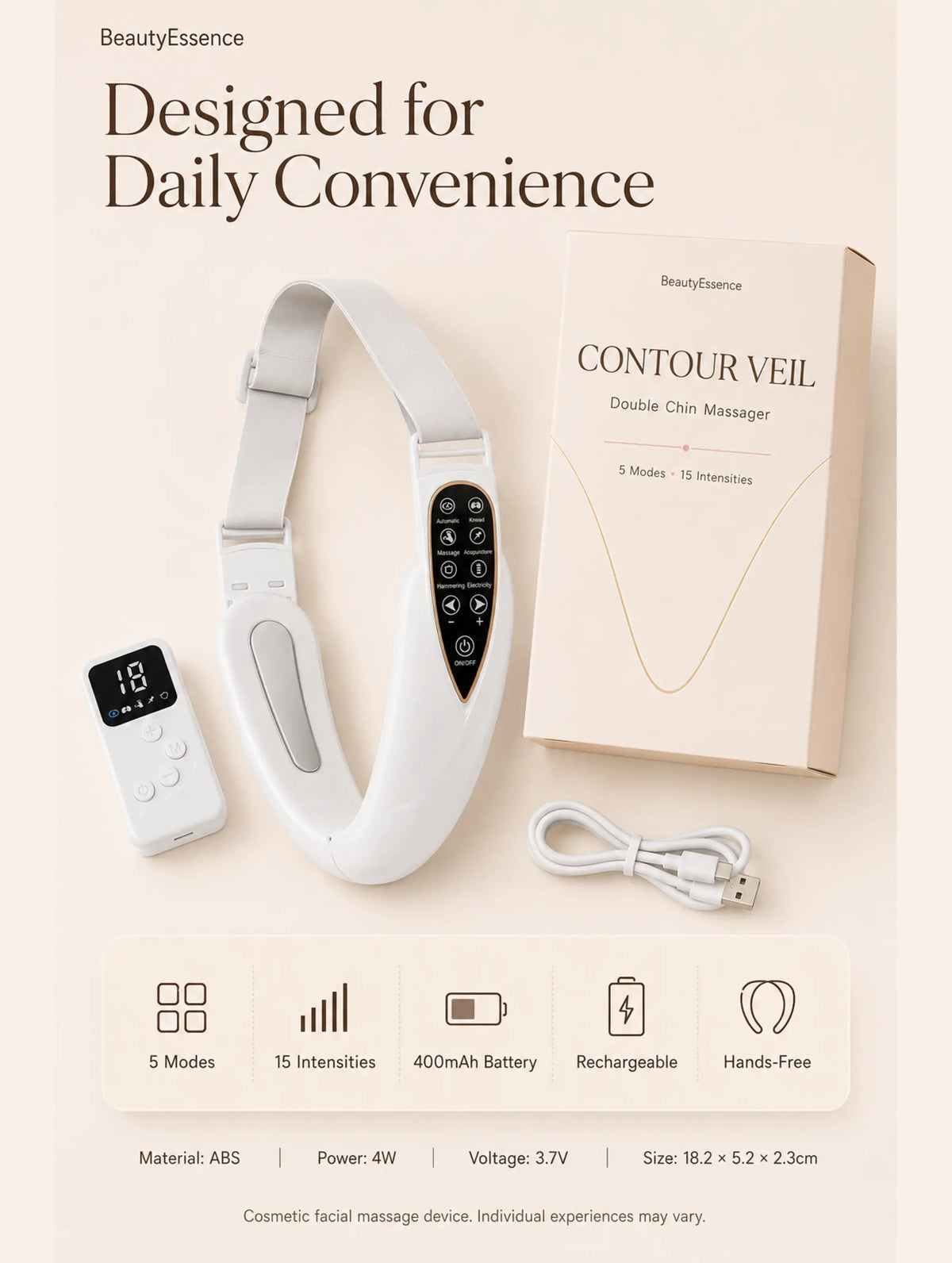 Contour Veil double chin massager with box, remote and USB charging cable