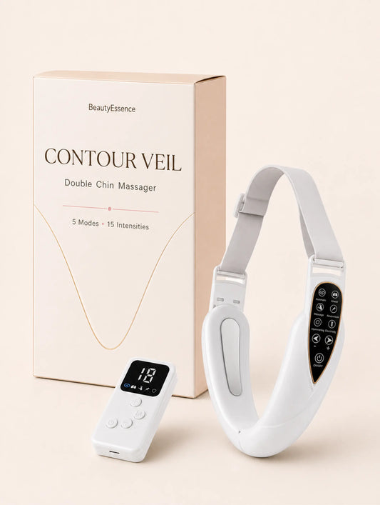 BeautyEssence Contour Veil Double Chin Massager shown with its beige retail box and a small white remote control on a warm cream background.