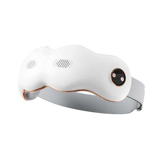 Rechargeable eye massager with heat and Bluetooth for eye strain relief and relaxation at home or on the go.