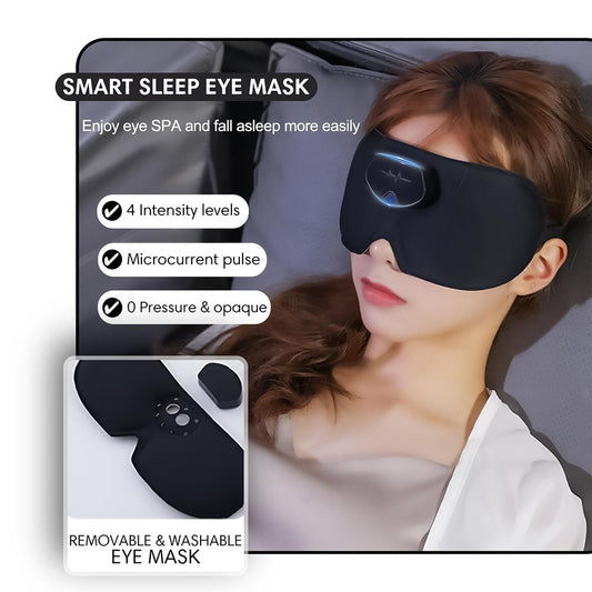 Smart Eye Massager with blackout mask offers deep sleep by blocking light and soothing tired, stressed eyes.