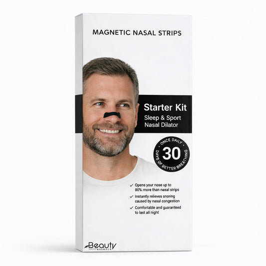 Box of Magnetic Nasal Strips Starter Kit with a man's face on the packaging.