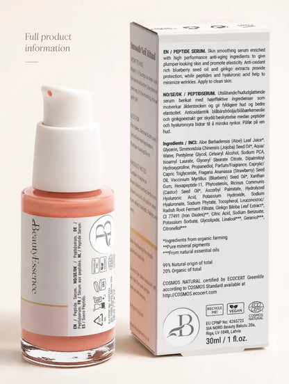 BeautyEssence Smooth Veil Peptide Serum for Fine Lines bottle and box showing back-side product information, ingredients and certifications on a warm ivory background.
