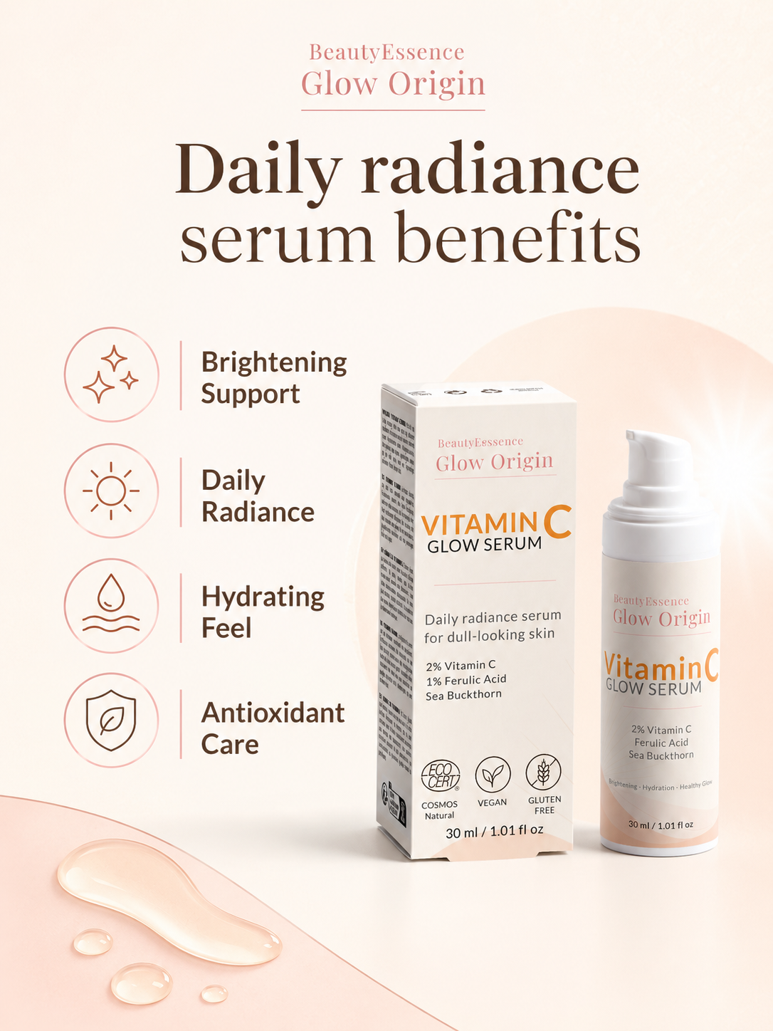 BeautyEssence Glow Origin Vitamin C Serum packaging with serum bottle and box on a light background