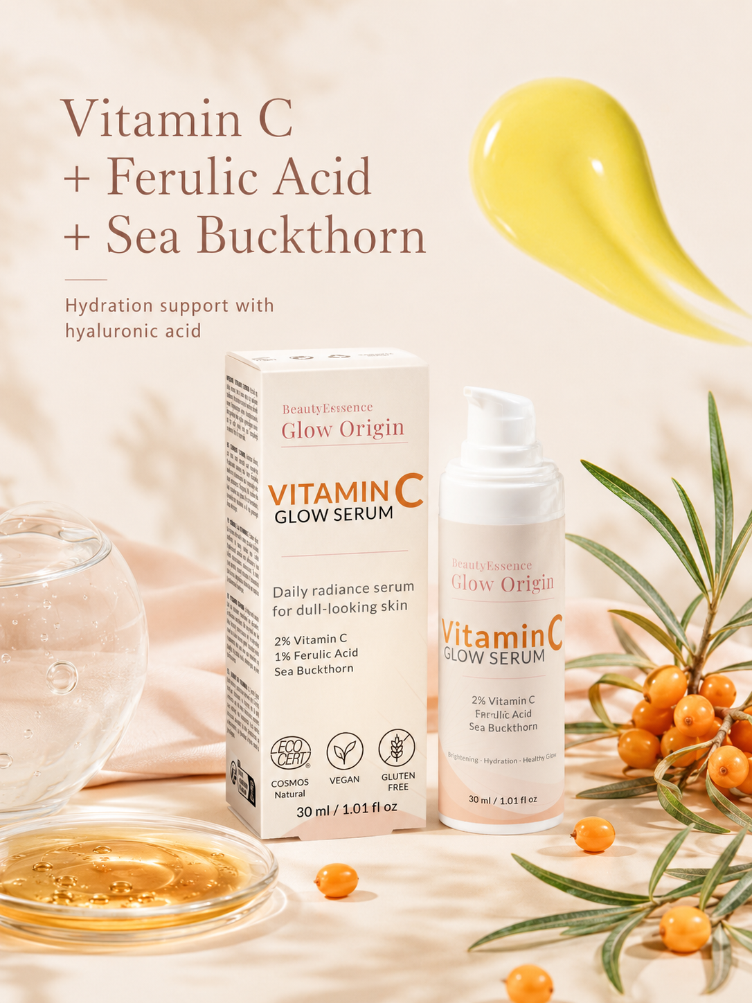 Vitamin C glow serum with packaging on a light background with sea buckthorn berries.