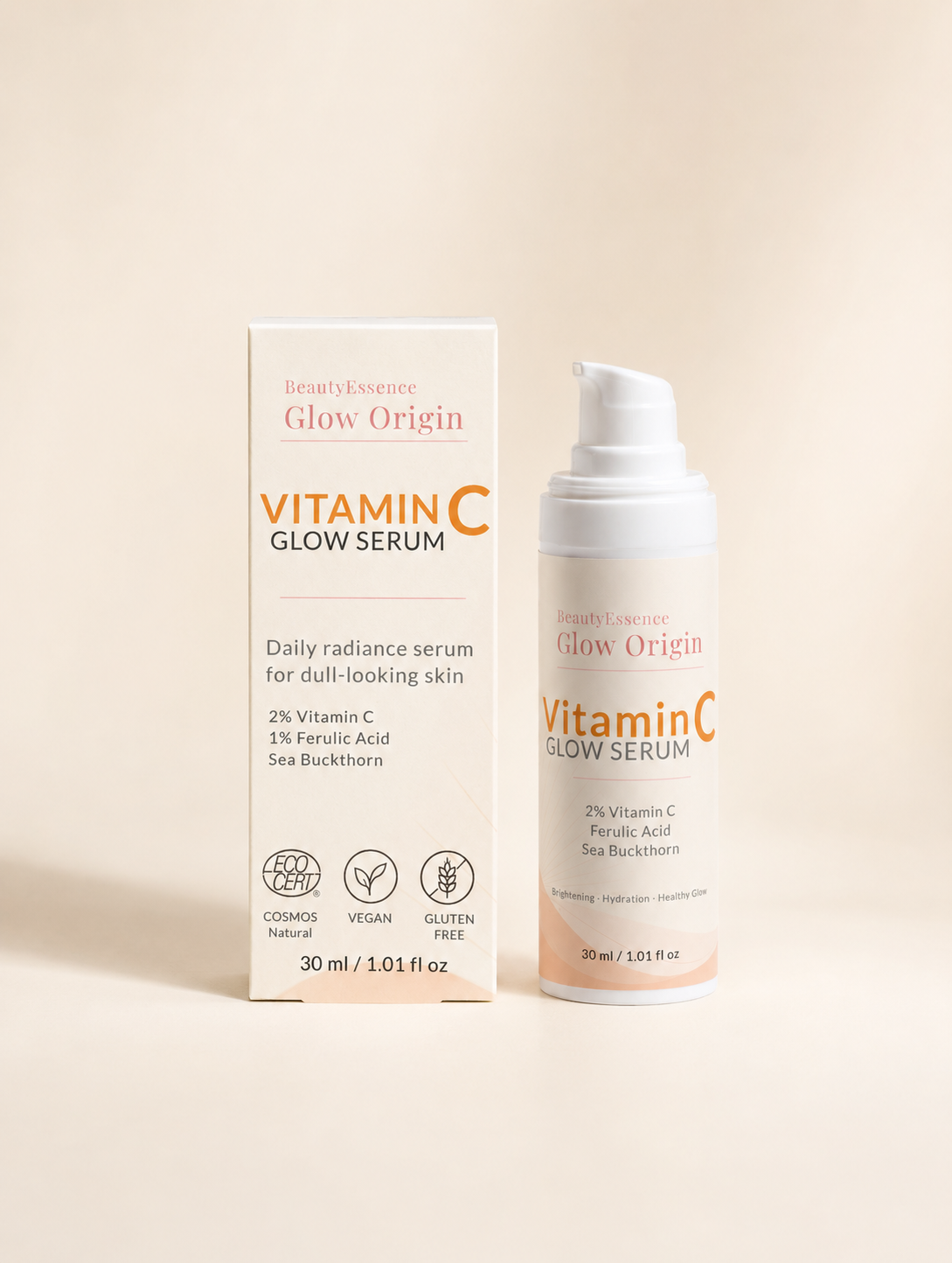 Vitamin C serum packaging with box on a beige background