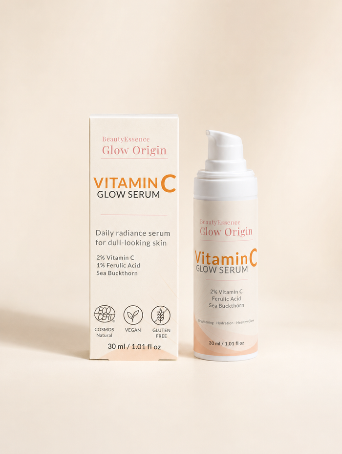 Vitamin C serum packaging with box on a beige background