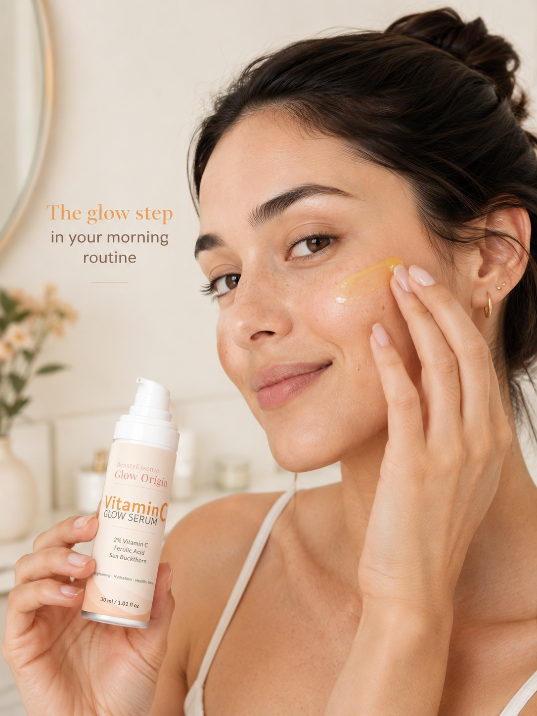 Woman applying skincare product with a bottle labeled 'Vitamin C Glow Serum' in a bathroom setting.