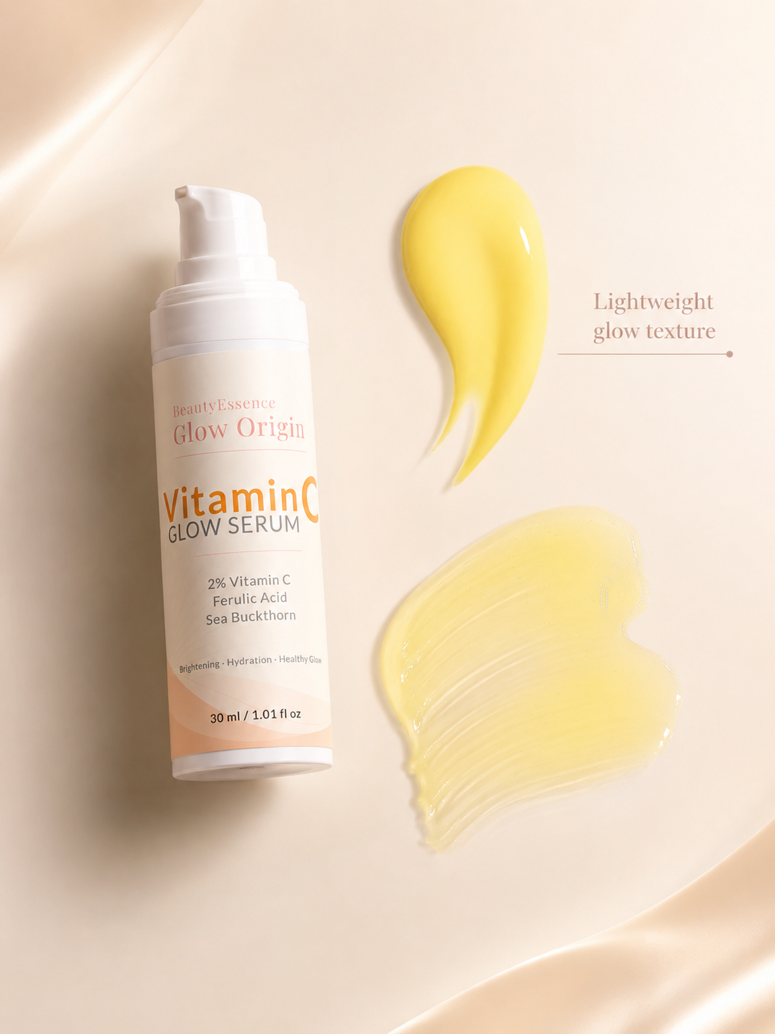 Vitamin C glow serum bottle with yellow texture swatch on a beige background