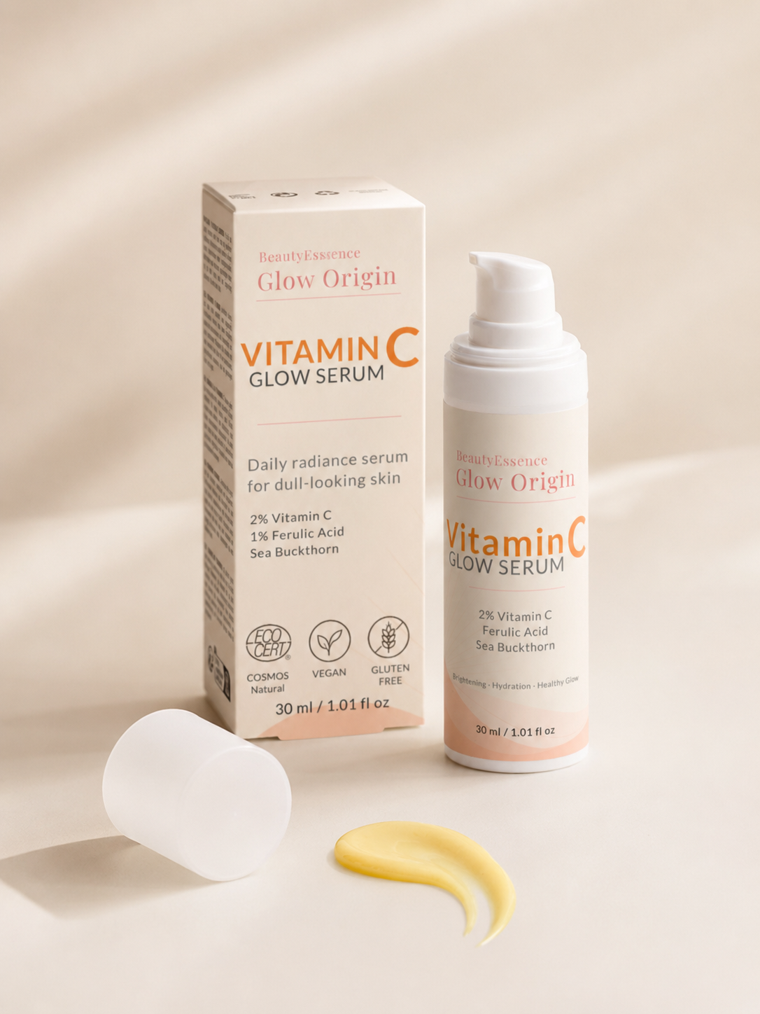 Vitamin C serum with packaging on a neutral background