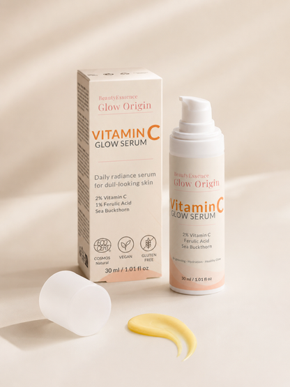 Vitamin C serum with packaging on a neutral background
