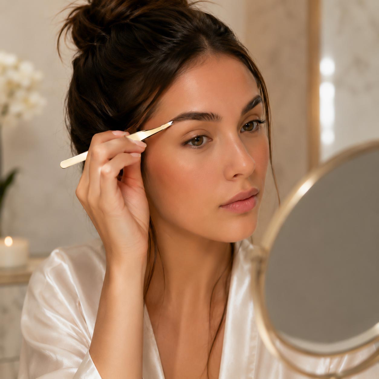 Woman grooming her eyebrows in front of a mirror