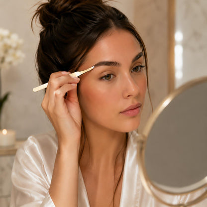 Woman grooming her eyebrows in front of a mirror